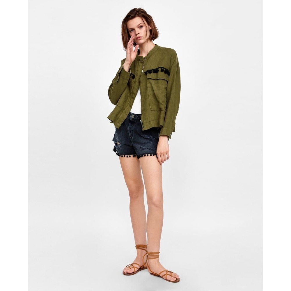 Zara Womens Green 100% Linen Short Zip Tassels Jacket Sz XS Boho Hippie Festival